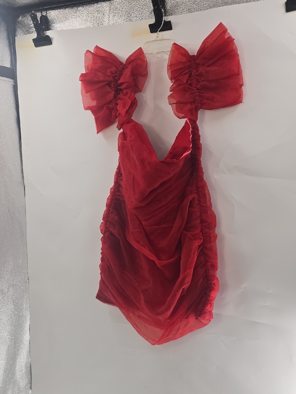 L'ATISTE Red Ruched Mini Dress with Tulle Shoulder Bows - Picture 2 of 9